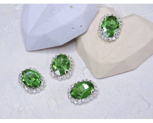 Страза пришившая в серебряной оправе 17*22 мм "Овал", цв. салатовый - 1 шт.