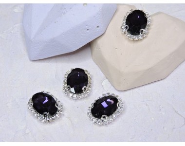 Страза пришившая в серебряной оправе 17*22 мм "Овал", цв. темно-сиреневый - 1 шт.