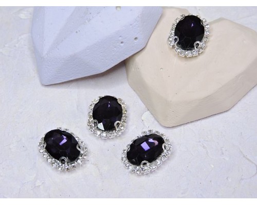 Страза пришившая в серебряной оправе 17*22 мм "Овал", цв. темно-сиреневый - 1 шт.