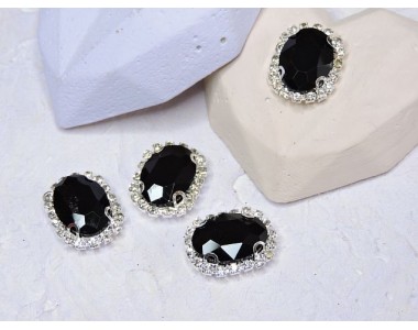 Страза пришившая в серебряной оправе 17*22 мм "Овал", цв. черный - 1 шт.