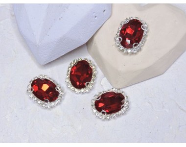 Страза пришившая в серебряной оправе 17*22 мм "Овал", цв. темно-красный - 1 шт.