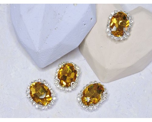 Страза пришившая в серебряной оправе 17*22 мм "Овал", цв. золото - 1 шт.