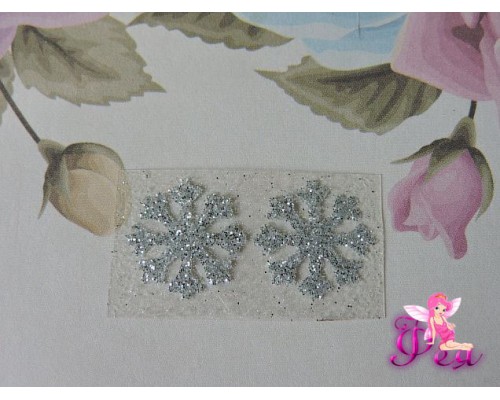 Термотрасферная наклейка "Снежинка 2" с глиттером, цв. серебро 15 мм (пара)