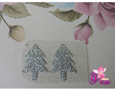 Термотрасферная наклейка "Елка" с глиттером, цв. серебро 23*16 мм (пара)