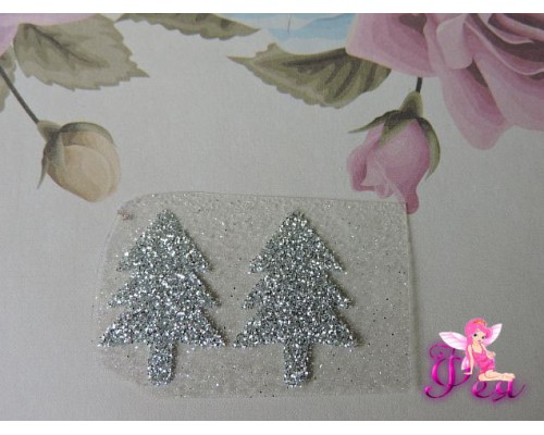 Термотрасферная наклейка "Елка" с глиттером, цв. серебро 23*16 мм (пара)