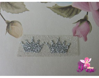 Термотрасферная наклейка "Корона" с глиттером, цв. серебро 16*10 мм (пара)