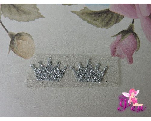 Термотрасферная наклейка "Корона" с глиттером, цв. серебро 16*10 мм (пара)