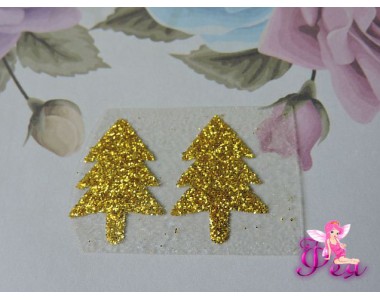 Термотрасферная наклейка "Елка" с глиттером, цв. золото 23*16 мм (пара)