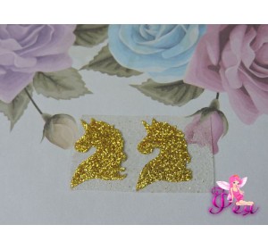 Термотрасферная наклейка "Единорог" с глиттером, цв. золото 23*11 мм (пара)