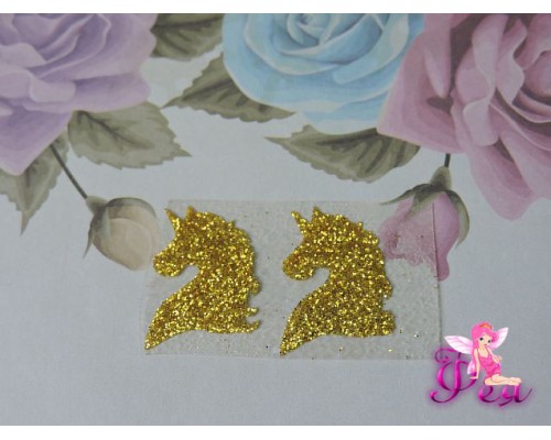 Термотрасферная наклейка "Единорог" с глиттером, цв. золото 23*11 мм (пара)