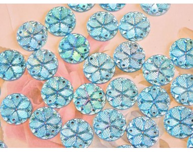 Пришив. кабошоны "Круг-цветок" 15 мм , голубой  радужный - 1 шт