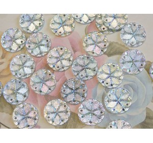 Пришив. кабошоны-стразы "Круг-цветок" 15 мм, серебро радужный - 1 шт