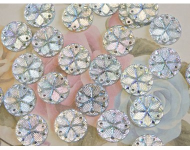 Пришив. кабошоны-стразы "Круг-цветок" 15 мм, серебро радужный - 1 шт