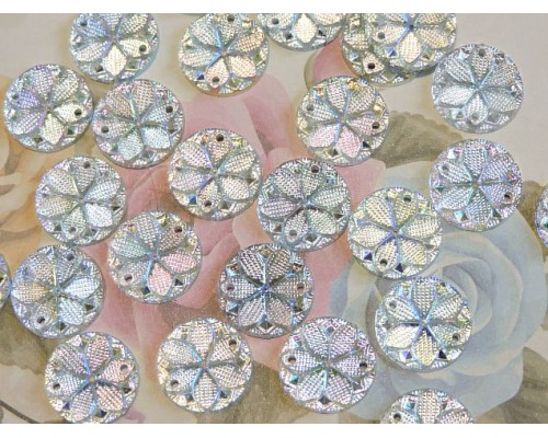 Пришив. кабошоны-стразы "Круг-цветок" 15 мм, серебро радужный - 1 шт