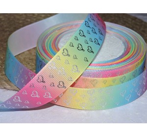 Репсовая лента 25 мм с рисунком "Радуга с серебряными сердечками",  - 1 м