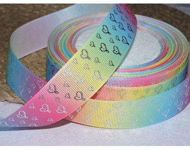 Репсовая лента 25 мм с рисунком "Радуга с серебряными сердечками",  - 1 м