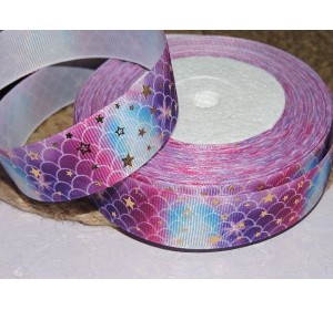 Репсовая лента 25 мм с рисунком "Чешую с серебряными звездочками", цв. розово-голубой  - 1 м