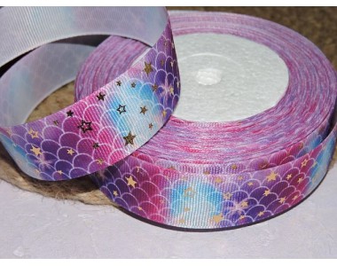 Репсовая лента 25 мм с рисунком "Чешую с серебряными звездочками", цв. розово-голубой  - 1 м
