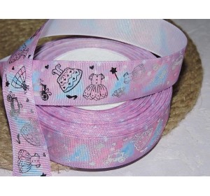 Репсовая лента 25 мм с рисунком "Серебряные платья и короны", цв. розово-голубой  - 1 м