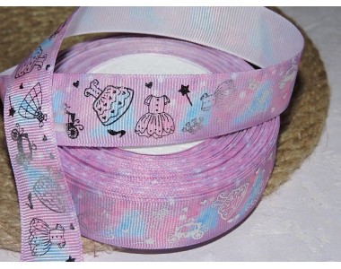 Репсовая лента 25 мм с рисунком "Серебряные платья и короны", цв. розово-голубой  - 1 м