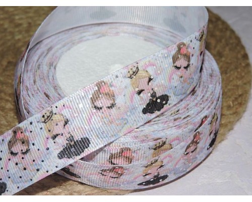Репсовая лента 25 мм с рисунком "Принцессы-балерины с серебряным дождиком",  - 1 м