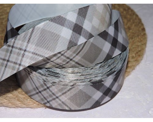 Репсовая лента 25 мм с рисунком "Клетка", цв. серо-коричневый  - 1 м