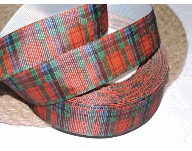 Репсовая лента 25 мм с рисунком "Клетка", цв. зелено-красный  - 1 м