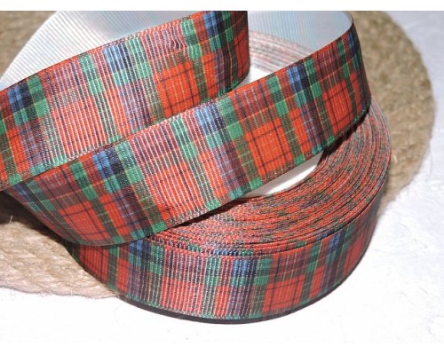 Репсовая лента 25 мм с рисунком "Клетка", цв. зелено-красный  - 1 м