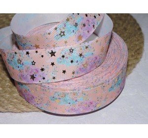 Репсовая лента 25 мм с рисунком "С золотыми звездочками", цв. микс - 1 м