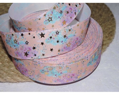 Репсовая лента 25 мм с рисунком "С золотыми звездочками", цв. микс - 1 м