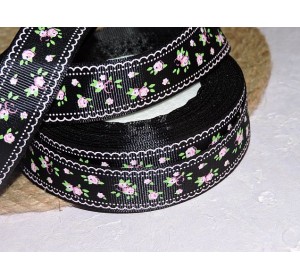 Репсовая лента 25 мм с рисунком "Розовые цветочки", цв. черный - 1 м
