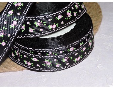 Репсовая лента 25 мм с рисунком "Розовые цветочки", цв. черный - 1 м