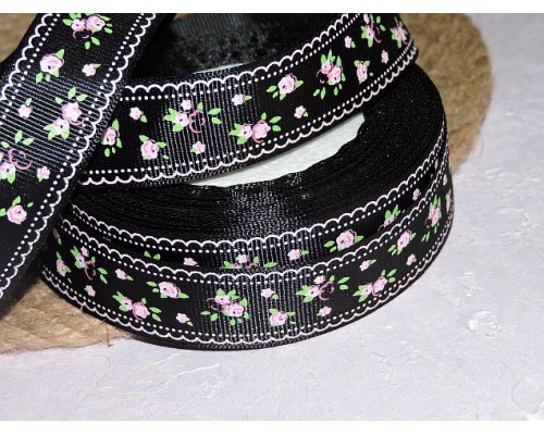 Репсовая лента 25 мм с рисунком "Розовые цветочки", цв. черный - 1 м