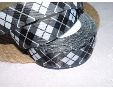 Репсовая лента 25 мм с рисунком "Клетка", цв. черно-белая - 1 м