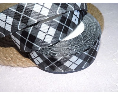 Репсовая лента 25 мм с рисунком "Клетка", цв. черно-белая - 1 м