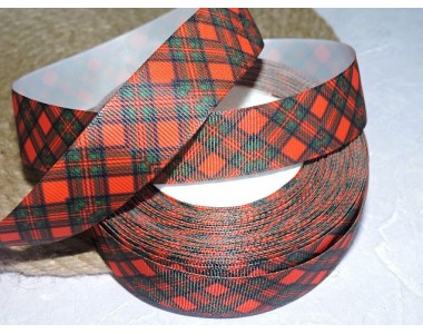 Репсовая лента 25 мм с рисунком "Клетка", цв. красно-зеленый  - 1 м