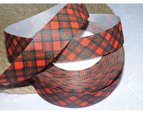 Репсовая лента 25 мм с рисунком "Клетка", цв. красно-зеленый  - 1 м