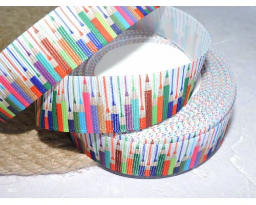 Репсовая лента 25 мм с рисунком "Цветные карандаши", - 1 м