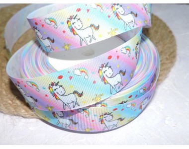 Репсовая лента 25 мм с рисунком "Радужные единороги", - 1 м
