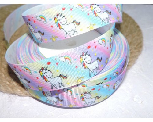 Репсовая лента 25 мм с рисунком "Радужные единороги", - 1 м