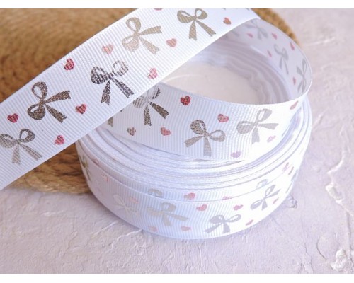 Репсовая лента 25 мм с рисунком "Серебряные бантики ", цв. белый - 1 м