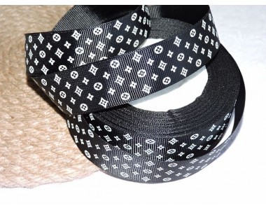 Репсовая лента 25 мм с рисунком "Louis Vuitton", цв. черный - 1 м