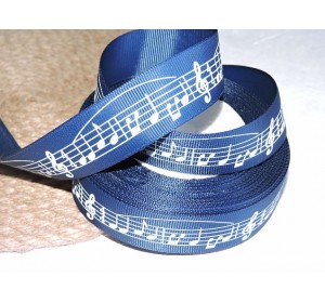 Репсовая лента 25 мм с рисунком "Ноты", цв. синий - 1 м