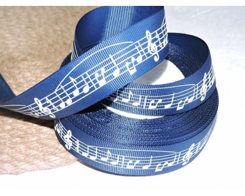 Репсовая лента 25 мм с рисунком "Ноты", цв. синий - 1 м