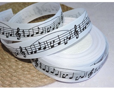 Репсовая лента 25 мм с рисунком "Ноты", цв. белый - 1 м