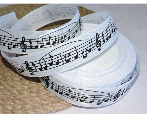 Репсовая лента 25 мм с рисунком "Ноты", цв. белый - 1 м