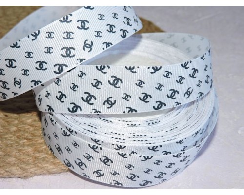 Репсовая лента 25 мм с рисунком " Шанель", цв. белый - 1 м