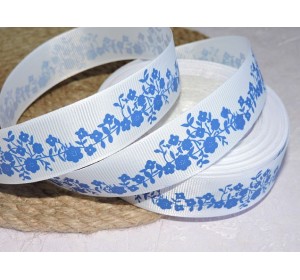 Репсовая лента 25 мм с рисунком "Синие цветочки", цв. белый  - 1 м