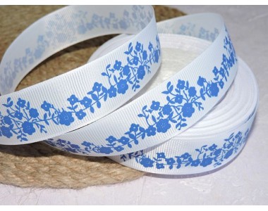 Репсовая лента 25 мм с рисунком "Синие цветочки", цв. белый  - 1 м