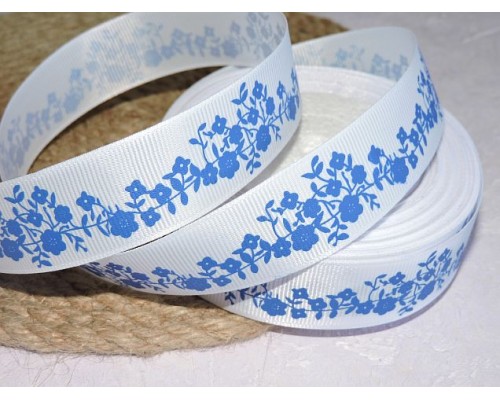 Репсовая лента 25 мм с рисунком "Синие цветочки", цв. белый  - 1 м